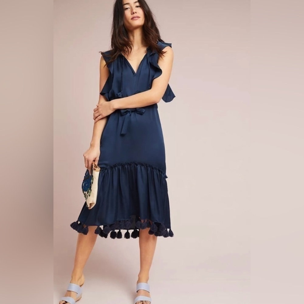 MISA Blue Lenora Tasseled Midi Dress